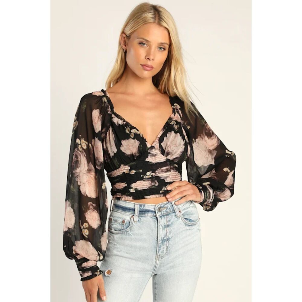 Lulus Simply Romantic Black Floral Print Balloon Sleeve Crop Top M